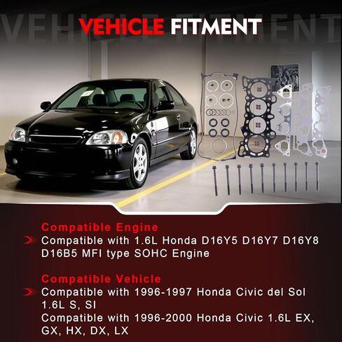 HS9915PT-1 Cylinder Head Gasket Set with Head bolts Compatible with Honda Civic 1996 1997 1998 1999 2000 1.6L, Civic del Sol 1996 1997, D16Y5 D16Y7 D16Y8 D16B5 SOHC Engine, Replace HS54234 HB4029 in Saudi Arabia
