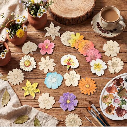 Gerrii 36 Pcs 1.97 Inch Mini Spring Wooden Flower for Crafts, Unfinished Blank Wood Floral Cutout Small Embellishments DIY Painting for Handmade Decoration Ornaments Activity Homemade Project in Kuwait
