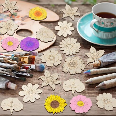 Gerrii 36 Pcs 1.97 Inch Mini Spring Wooden Flower for Crafts, Unfinished Blank Wood Floral Cutout Small Embellishments DIY Painting for Handmade Decoration Ornaments Activity Homemade Project in Kuwait