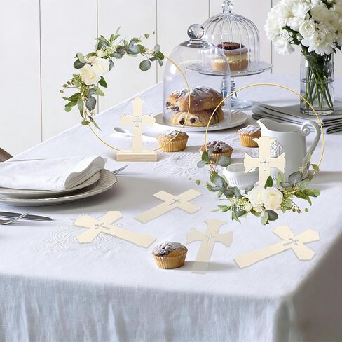 24 Pcs Baptism Centerpiece Decoration for Tables First Communion 12 Standing Wood Crosses for Craft 12 Metal Floral Hoop Centerpiece with Stand for Party Wedding Home Decor in Saudi Arabia