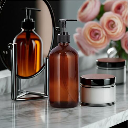 JUVITUS 8 oz Amber Boston Round Thick Glass Bottle with Black Lotion Pump (2 pack) + Label in Kuwait