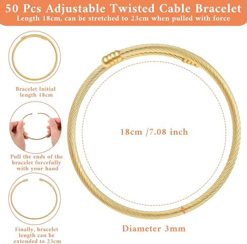 50 Pcs Snake Chain Bracelets, Adjustable Charm Bracelet Set Stainless Steel Expandable Bangle, 7 Inch DIY Jewelry Making Supplies for Women Christmas Birthday Gifts, Silver Gold in Kuwait