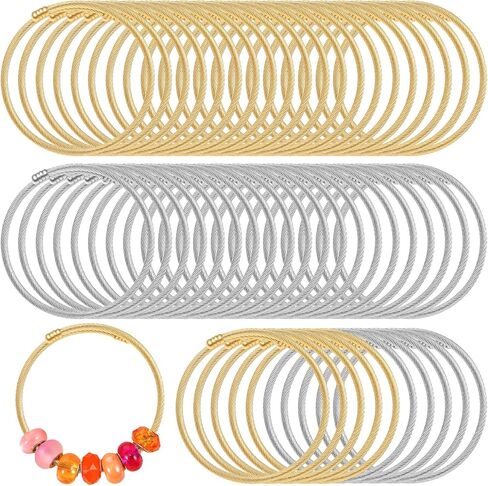 50 Pcs Snake Chain Bracelets, Adjustable Charm Bracelet Set Stainless Steel Expandable Bangle, 7 Inch DIY Jewelry Making Supplies for Women Christmas Birthday Gifts, Silver Gold in Kuwait