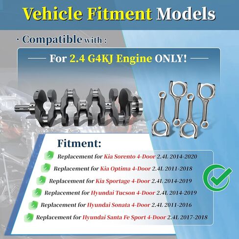 G4KJ 2.4L Engine Rebuild Kit for Kia Optima Sportage Sorento 2011-2020, for Hyundai Sonata Tucson Santa Fe 2011-2019, Includes Crankshaft Pistons Rods Bearings Gaskets in Kuwait