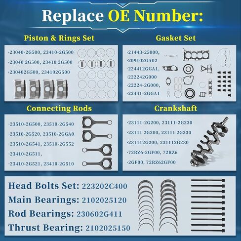 G4KJ 2.4L Engine Rebuild Kit for Kia Optima Sportage Sorento 2011-2020, for Hyundai Sonata Tucson Santa Fe 2011-2019, Includes Crankshaft Pistons Rods Bearings Gaskets in Kuwait