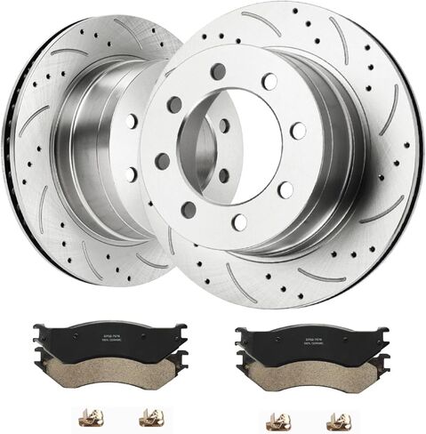 SUNROAD 13.88 inch Rear Drilled & Slotted Brake Rotors and Ceramic Brake Pads Replacement for Dodge Ram 2500 3500 2003 2004 2005 2006 2007 2008 in Kuwait