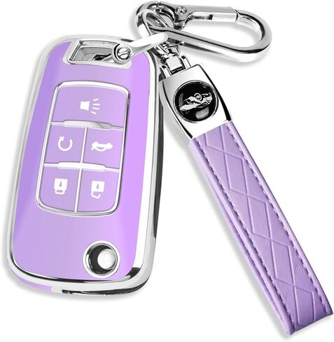 QBUC لغطاء مفتاح Chevy Key Fob مع سلسلة مفاتيح جلدية من الكروم، TPU الناعم متوافق مع 2010-2019 Chevy Equinox Malibu Impala Cruze Sonic 5 أزرار (وردي مع زخرفة من الكروم) in Kuwait