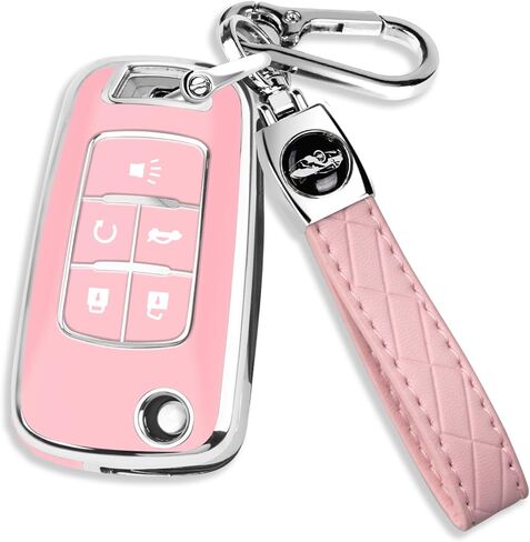 QBUC لغطاء مفتاح Chevy Key Fob مع سلسلة مفاتيح جلدية من الكروم، TPU الناعم متوافق مع 2010-2019 Chevy Equinox Malibu Impala Cruze Sonic 5 أزرار (وردي مع زخرفة من الكروم) in Kuwait