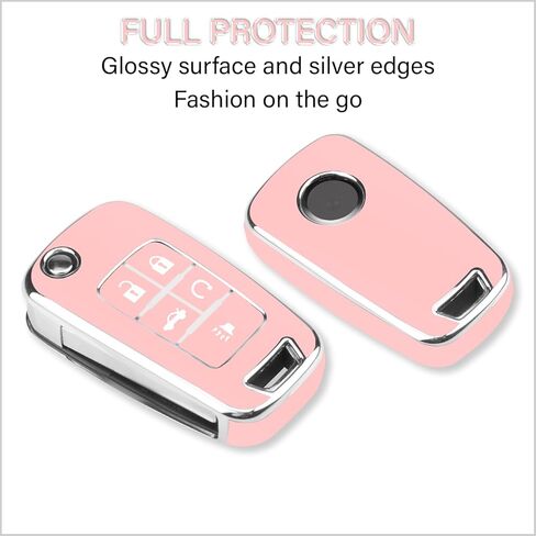 QBUC لغطاء مفتاح Chevy Key Fob مع سلسلة مفاتيح جلدية من الكروم، TPU الناعم متوافق مع 2010-2019 Chevy Equinox Malibu Impala Cruze Sonic 5 أزرار (وردي مع زخرفة من الكروم) in Kuwait