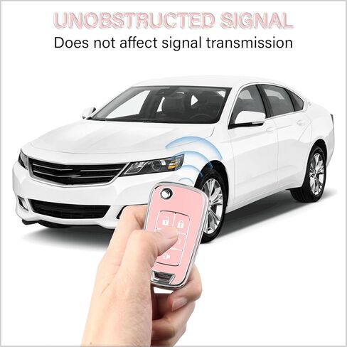 QBUC لغطاء مفتاح Chevy Key Fob مع سلسلة مفاتيح جلدية من الكروم، TPU الناعم متوافق مع 2010-2019 Chevy Equinox Malibu Impala Cruze Sonic 5 أزرار (وردي مع زخرفة من الكروم) in Kuwait