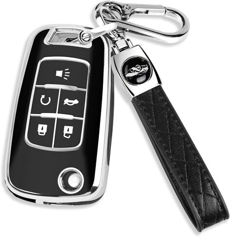 QBUC لغطاء مفتاح Chevy Key Fob مع سلسلة مفاتيح جلدية من الكروم، TPU الناعم متوافق مع 2010-2019 Chevy Equinox Malibu Impala Cruze Sonic 5 أزرار (وردي مع زخرفة من الكروم) in Kuwait