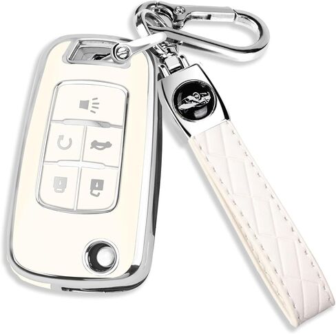QBUC لغطاء مفتاح Chevy Key Fob مع سلسلة مفاتيح جلدية من الكروم، TPU الناعم متوافق مع 2010-2019 Chevy Equinox Malibu Impala Cruze Sonic 5 أزرار (وردي مع زخرفة من الكروم) in Kuwait