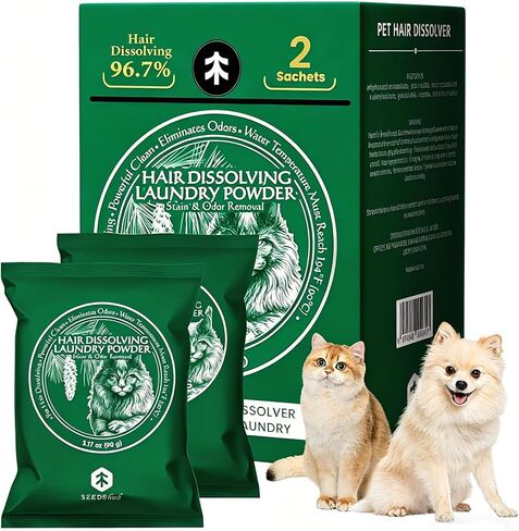 Pet Hair Remover for Laundry - Dissolves 96.7% Dog & Cat Hair, Detergent and Stain Remover for Clothes (2 Sachets), Septic Safe in Saudi Arabia
