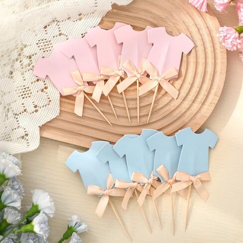 Whaline 36 Pcs Baby Clothes Cupcake Toppers with Bow Blue Pink Cake Toppers for Baby Shower Gender Reveal Birthday Party Cupcake Decorations Supplies in Kuwait