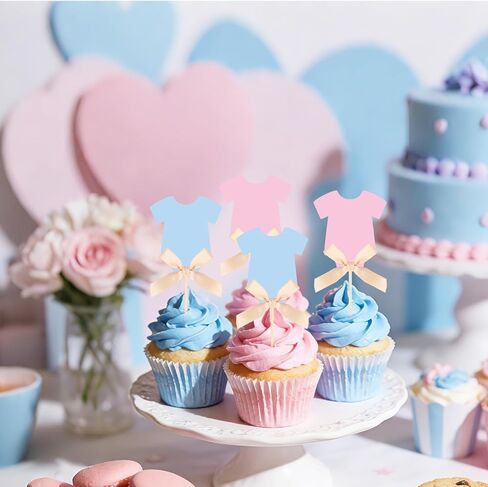 Whaline 36 Pcs Baby Clothes Cupcake Toppers with Bow Blue Pink Cake Toppers for Baby Shower Gender Reveal Birthday Party Cupcake Decorations Supplies in Kuwait