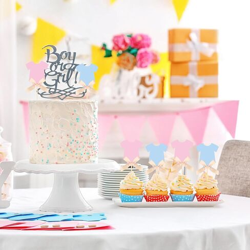 Whaline 36 Pcs Baby Clothes Cupcake Toppers with Bow Blue Pink Cake Toppers for Baby Shower Gender Reveal Birthday Party Cupcake Decorations Supplies in Kuwait