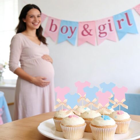 Whaline 36 Pcs Baby Clothes Cupcake Toppers with Bow Blue Pink Cake Toppers for Baby Shower Gender Reveal Birthday Party Cupcake Decorations Supplies in Kuwait