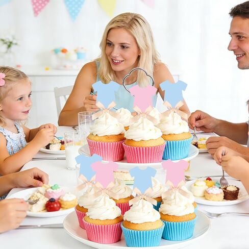 Whaline 36 Pcs Baby Clothes Cupcake Toppers with Bow Blue Pink Cake Toppers for Baby Shower Gender Reveal Birthday Party Cupcake Decorations Supplies in Kuwait