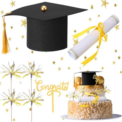 7 Pieces Graduation Cap Cake Topper Decorations Kit with Paper Diploma Congrats Cupcake Toppers Firework Food Topper for Graduation Party Cake Decoration Supply in Kuwait
