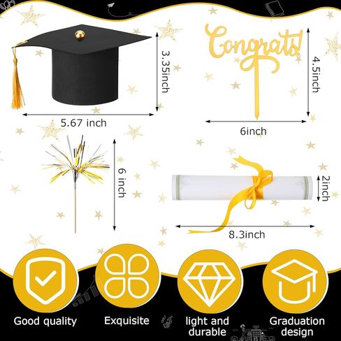7 Pieces Graduation Cap Cake Topper Decorations Kit with Paper Diploma Congrats Cupcake Toppers Firework Food Topper for Graduation Party Cake Decoration Supply in Kuwait