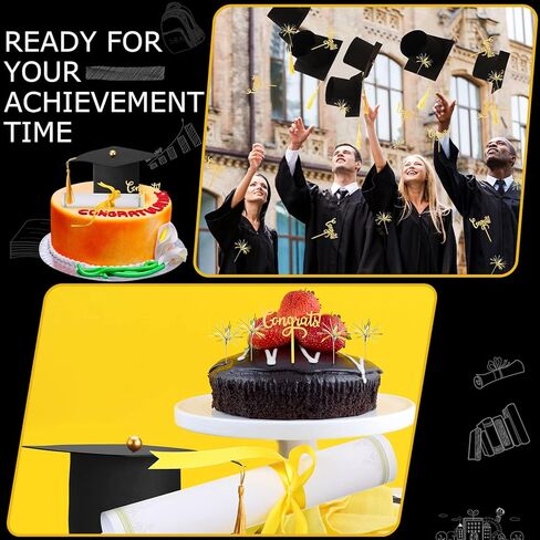 7 Pieces Graduation Cap Cake Topper Decorations Kit with Paper Diploma Congrats Cupcake Toppers Firework Food Topper for Graduation Party Cake Decoration Supply in Kuwait