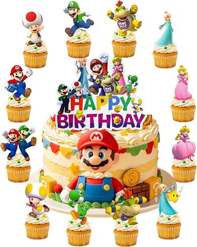 Bros Cake Toppers,25Pcs Set with 24 Cupcake Toppers and 1 Happy Birthday Cake Topper, Video Game Birthday Party Decorations Supplies in Saudi Arabia