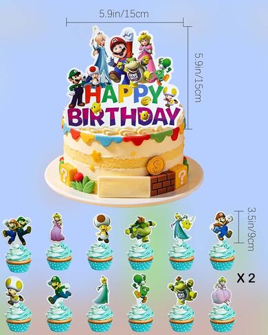 Bros Cake Toppers,25Pcs Set with 24 Cupcake Toppers and 1 Happy Birthday Cake Topper, Video Game Birthday Party Decorations Supplies in Saudi Arabia