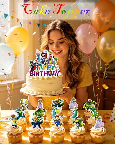 Bros Cake Toppers,25Pcs Set with 24 Cupcake Toppers and 1 Happy Birthday Cake Topper, Video Game Birthday Party Decorations Supplies in Saudi Arabia