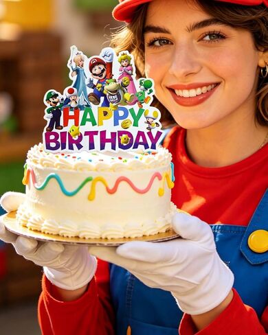 Bros Cake Toppers,25Pcs Set with 24 Cupcake Toppers and 1 Happy Birthday Cake Topper, Video Game Birthday Party Decorations Supplies in Saudi Arabia