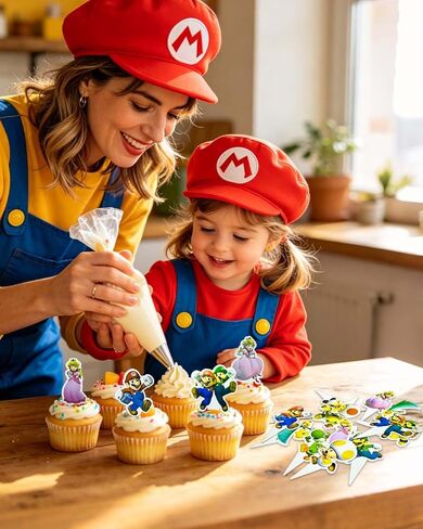 Bros Cake Toppers,25Pcs Set with 24 Cupcake Toppers and 1 Happy Birthday Cake Topper, Video Game Birthday Party Decorations Supplies in Saudi Arabia
