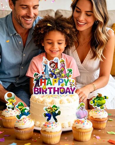 Bros Cake Toppers,25Pcs Set with 24 Cupcake Toppers and 1 Happy Birthday Cake Topper, Video Game Birthday Party Decorations Supplies in Saudi Arabia