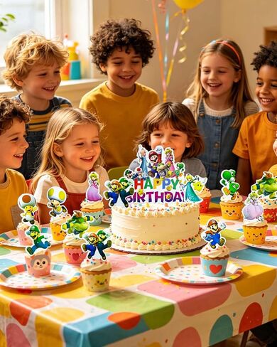 Bros Cake Toppers,25Pcs Set with 24 Cupcake Toppers and 1 Happy Birthday Cake Topper, Video Game Birthday Party Decorations Supplies in Saudi Arabia