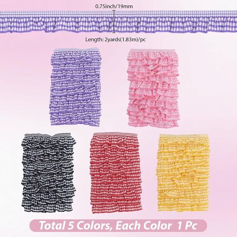 GORGECRAFT 10 Yards 5 Colors Chiffon Plaid Checkered Ribbon 3/4 Inch Gingham Ruffle Pleated Lace Edge Trim Gathered Striped Ribbon Fabric Embroidered Tulle Applique Edge Trimming for Sewing in Kuwait
