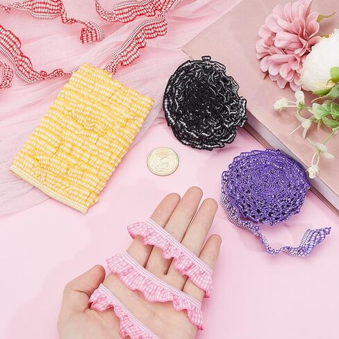 GORGECRAFT 10 Yards 5 Colors Chiffon Plaid Checkered Ribbon 3/4 Inch Gingham Ruffle Pleated Lace Edge Trim Gathered Striped Ribbon Fabric Embroidered Tulle Applique Edge Trimming for Sewing in Kuwait