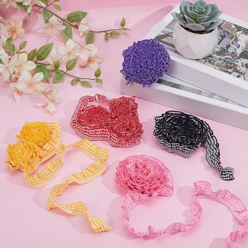 GORGECRAFT 10 Yards 5 Colors Chiffon Plaid Checkered Ribbon 3/4 Inch Gingham Ruffle Pleated Lace Edge Trim Gathered Striped Ribbon Fabric Embroidered Tulle Applique Edge Trimming for Sewing in Kuwait
