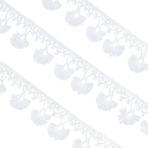 PH PandaHall 10 Yards Tassel Fringe Trim White Pompom Trim Ribbon, 1-5/8 inch Boho Sewing Lace Fabric Trims Polyester Fringe Ribbon for Curtain Pillow Clothes Home Decor DIY Crafts in Kuwait