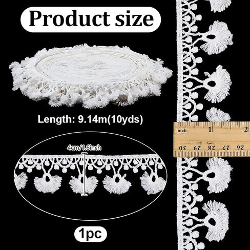 PH PandaHall 10 Yards Tassel Fringe Trim White Pompom Trim Ribbon, 1-5/8 inch Boho Sewing Lace Fabric Trims Polyester Fringe Ribbon for Curtain Pillow Clothes Home Decor DIY Crafts in Kuwait