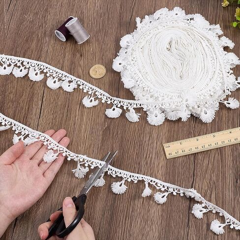 PH PandaHall 10 Yards Tassel Fringe Trim White Pompom Trim Ribbon, 1-5/8 inch Boho Sewing Lace Fabric Trims Polyester Fringe Ribbon for Curtain Pillow Clothes Home Decor DIY Crafts in Kuwait
