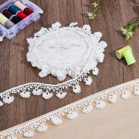 PH PandaHall 10 Yards Tassel Fringe Trim White Pompom Trim Ribbon, 1-5/8 inch Boho Sewing Lace Fabric Trims Polyester Fringe Ribbon for Curtain Pillow Clothes Home Decor DIY Crafts in Kuwait