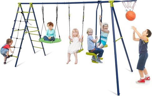 HONEY JOY 660 lbs Swing Sets for Backyard, 3 Seat Heavy Duty Metal A-Frame Swing Stand w/Platform Swing, Belt Swing, Baby Swing, Playground Swingset Outdoor for Kids, Swing Set for Toddlers 3-10 in Saudi Arabia