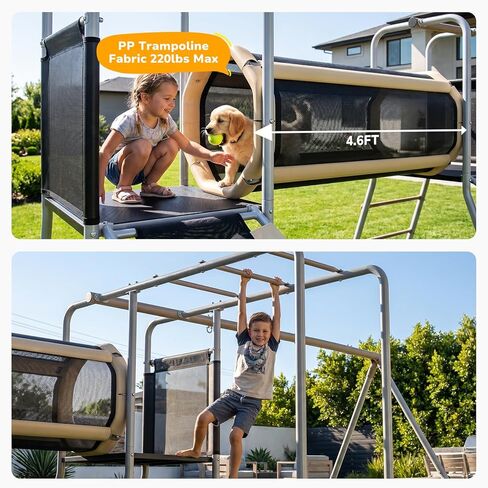 Hapfan 660lbs Swing Set with Slide,Crawl Tunnel and Monkey Bars for Backyard,5 in 1 Metal Swingset Outdoor for Kids Aged 3-12 (Grey & Brown) in Kuwait