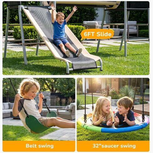 Hapfan 660lbs Swing Set with Slide,Crawl Tunnel and Monkey Bars for Backyard,5 in 1 Metal Swingset Outdoor for Kids Aged 3-12 (Grey & Brown) in Kuwait