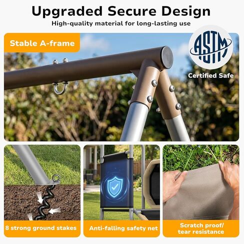 Hapfan 660lbs Swing Set with Slide,Crawl Tunnel and Monkey Bars for Backyard,5 in 1 Metal Swingset Outdoor for Kids Aged 3-12 (Grey & Brown) in Kuwait