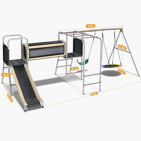 Hapfan 660lbs Swing Set with Slide,Crawl Tunnel and Monkey Bars for Backyard,5 in 1 Metal Swingset Outdoor for Kids Aged 3-12 (Grey & Brown) in Kuwait