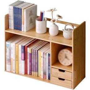 Bookshelf Open Desktop Bookshelf with Double Drawer, Bamboo Storage Shelves, for Home Offic Study Supplies Organizer Display Shelf for Living Room Home Office(L48xW19xH46 cm) in Saudi Arabia