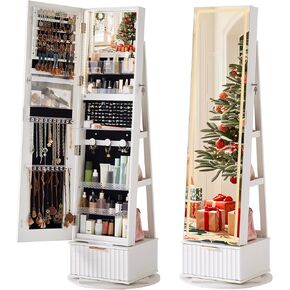 Rattan 360° Swivel Jewelry Armoire Cabinet Standing with Full Length Mirror, Lockable Jewelry Organizers and Drawer Storage with 3 Color LED Lights & Interior Mirror Rear Storage Shelves in Saudi Arabia