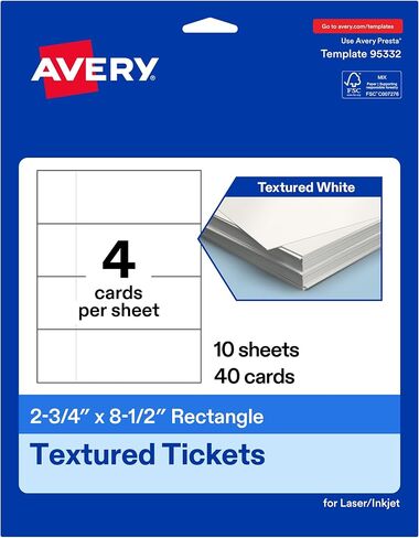 Avery Printable Rectangle Tickets, 2.75" x 8.5", Textured Matte White, Laser & Inkjet Compatible, 200 Total, Great for Product Branding, Marketing, and More in Saudi Arabia