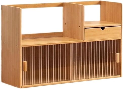 Bookshelf Bamboo Double Office Desktop Shelf Organizer, with Push Pull Sliding Glass Doors Desk Bookshelf Display, for Home Dormitory for Living Room Home Office(L70xW22.5xH40.5 cm) in Saudi Arabia