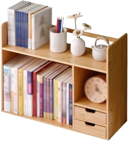 Bookshelf Open Desktop Bookshelf with Double Drawer, Bamboo Storage Shelves, for Home Offic Study Supplies Organizer Display Shelf for Living Room Home Office(L48xW19xH46 cm) in Saudi Arabia