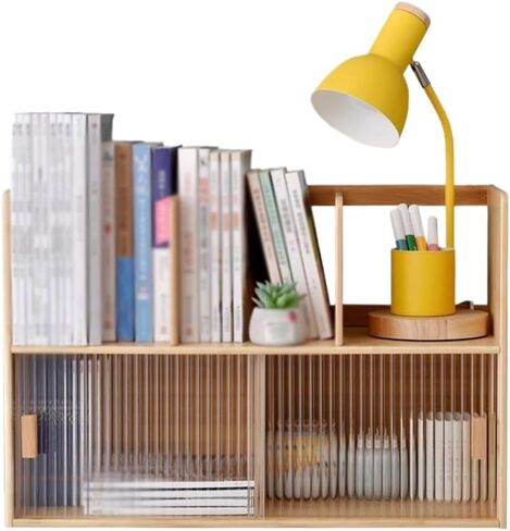 Bookshelf Large Capacity Bamboo Desktop Bookshelf, with Glass Rails Cabinet Door Storage Rack, for Home Office Study Organizer Shelf for Living Room Home Office(L70xW22.5xH40.5 cm) in Saudi Arabia